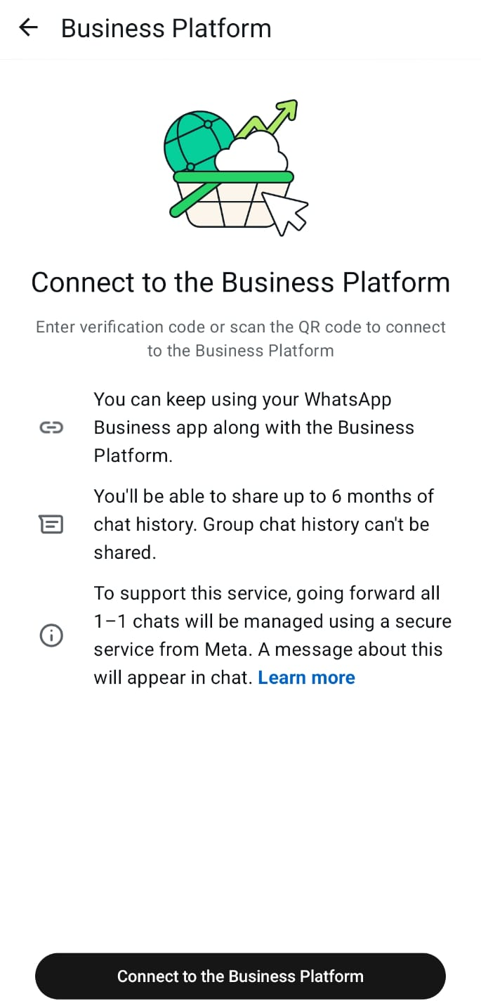 WhatsApp Business app — Connect to the Business Platform intro screen