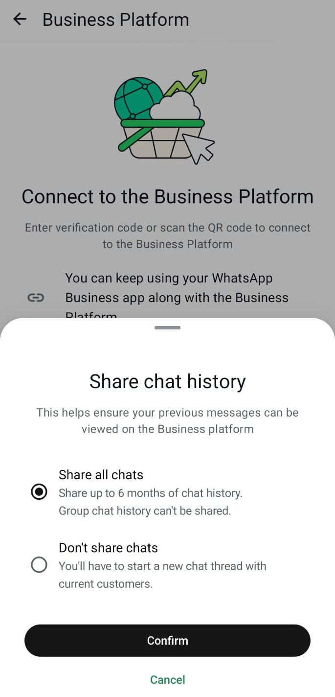 WhatsApp Business app — share chat history choice