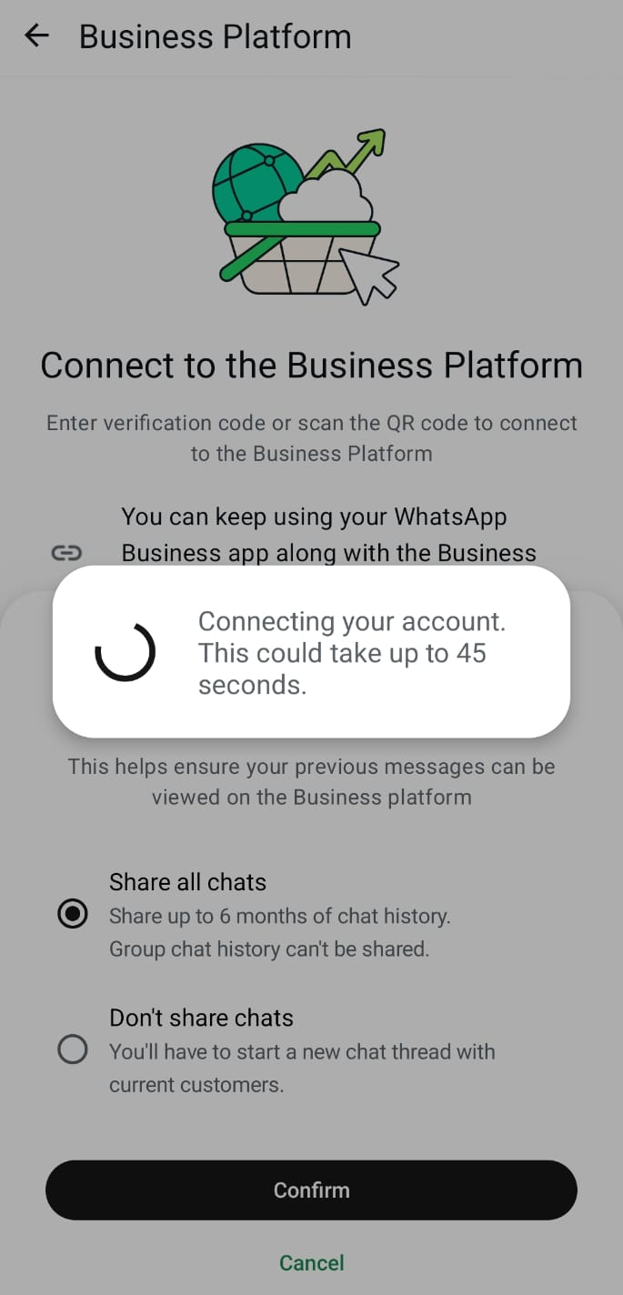 WhatsApp Business app — connecting your account, up to 45 seconds