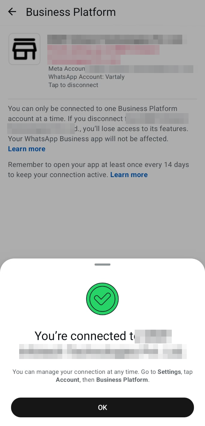 WhatsApp Business app — connected to the Business Platform