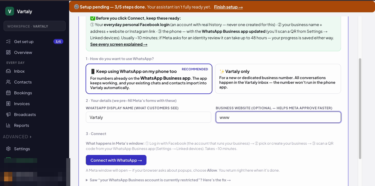 Vartaly connect page with the pre-flight checklist and Connect with WhatsApp button
