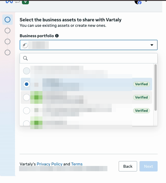 Meta dialog — business portfolio dropdown with Verified badges