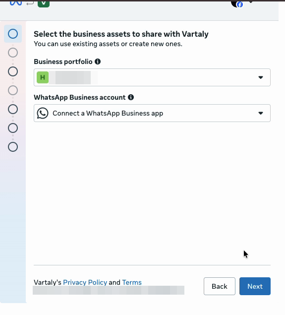 Meta dialog — WhatsApp Business account dropdown with Connect a WhatsApp Business app option