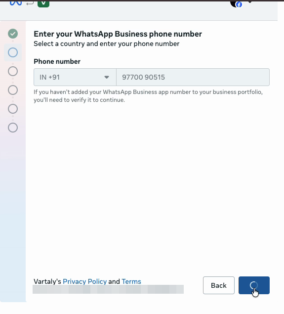 Meta dialog — phone number entry with Indian country code