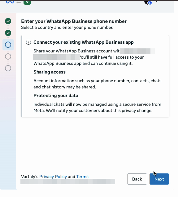 Meta dialog explaining sharing access and data protection for the connected app
