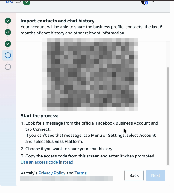 Meta dialog — import contacts and chat history with QR code and phone-side steps
