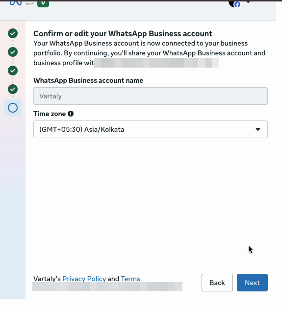 Meta dialog — confirm WhatsApp Business account name and time zone