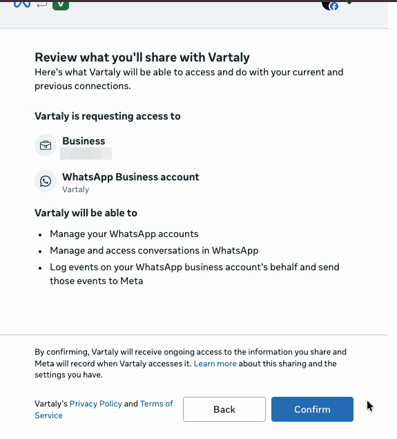 Meta dialog — review what will be shared, with Confirm button