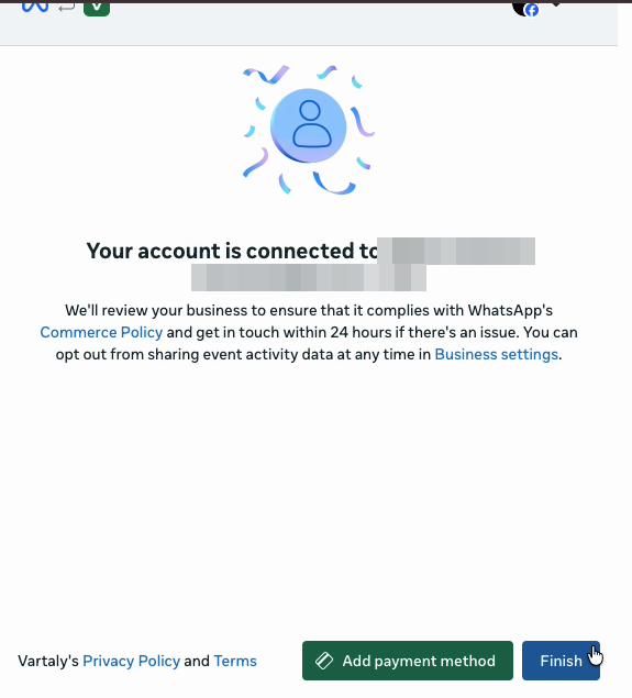 Meta dialog — your account is connected success screen